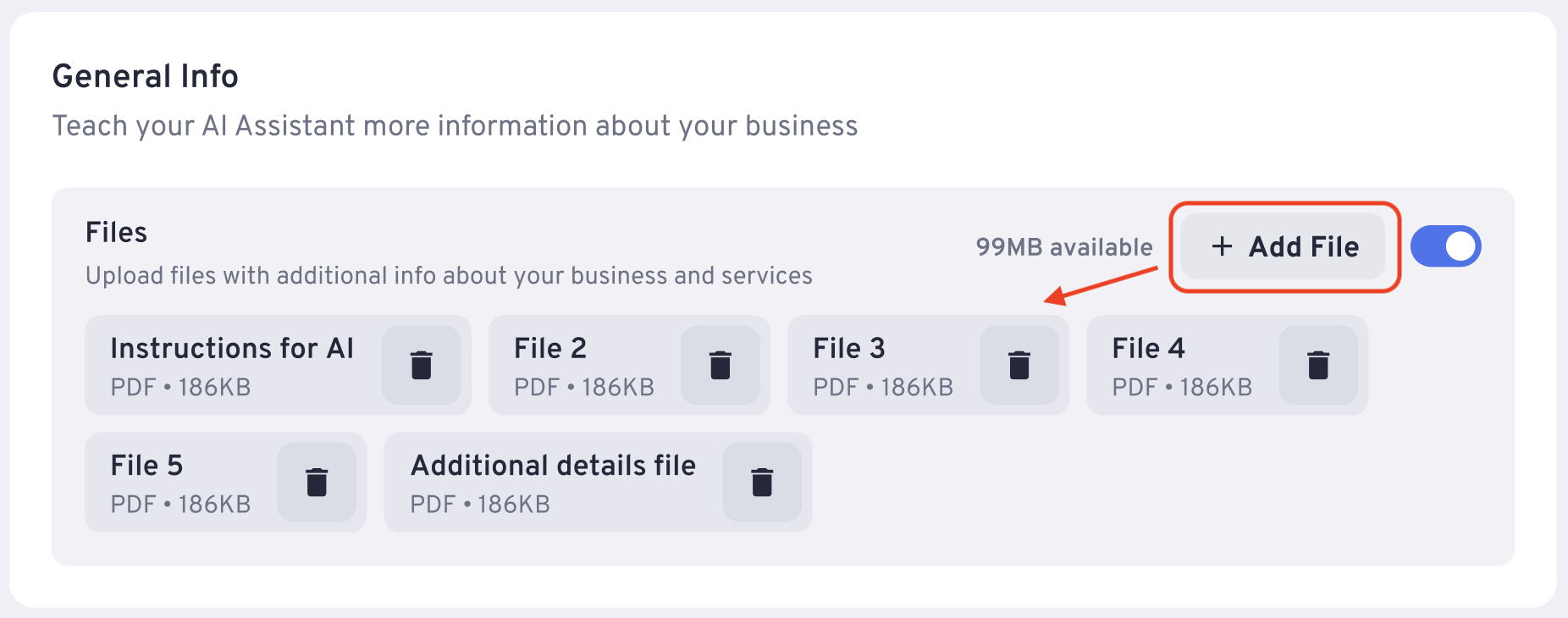 General Info Settings For AI Assistant - Adding Training Material